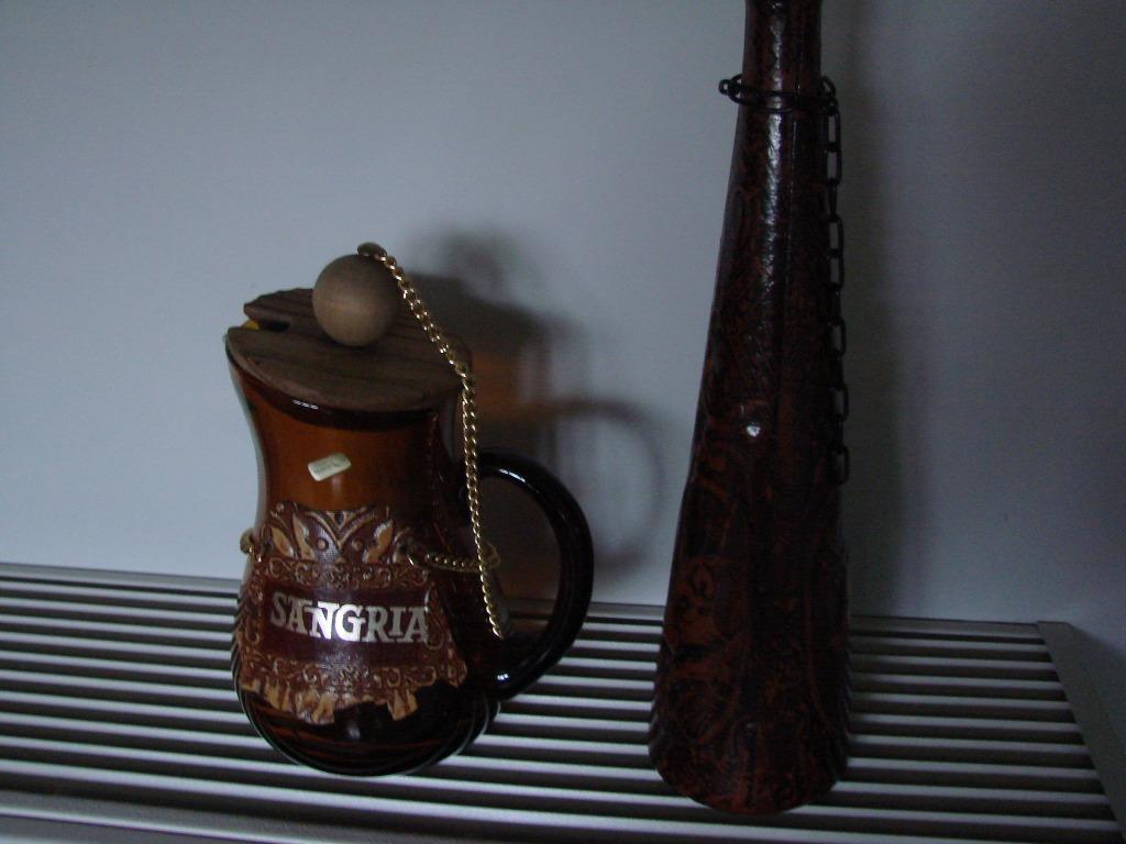 sangria: kruik en fles met leder, Huis en Inrichting, Keuken | Servies, Ophalen, Glas of Glazen, Gebruikt, Glas