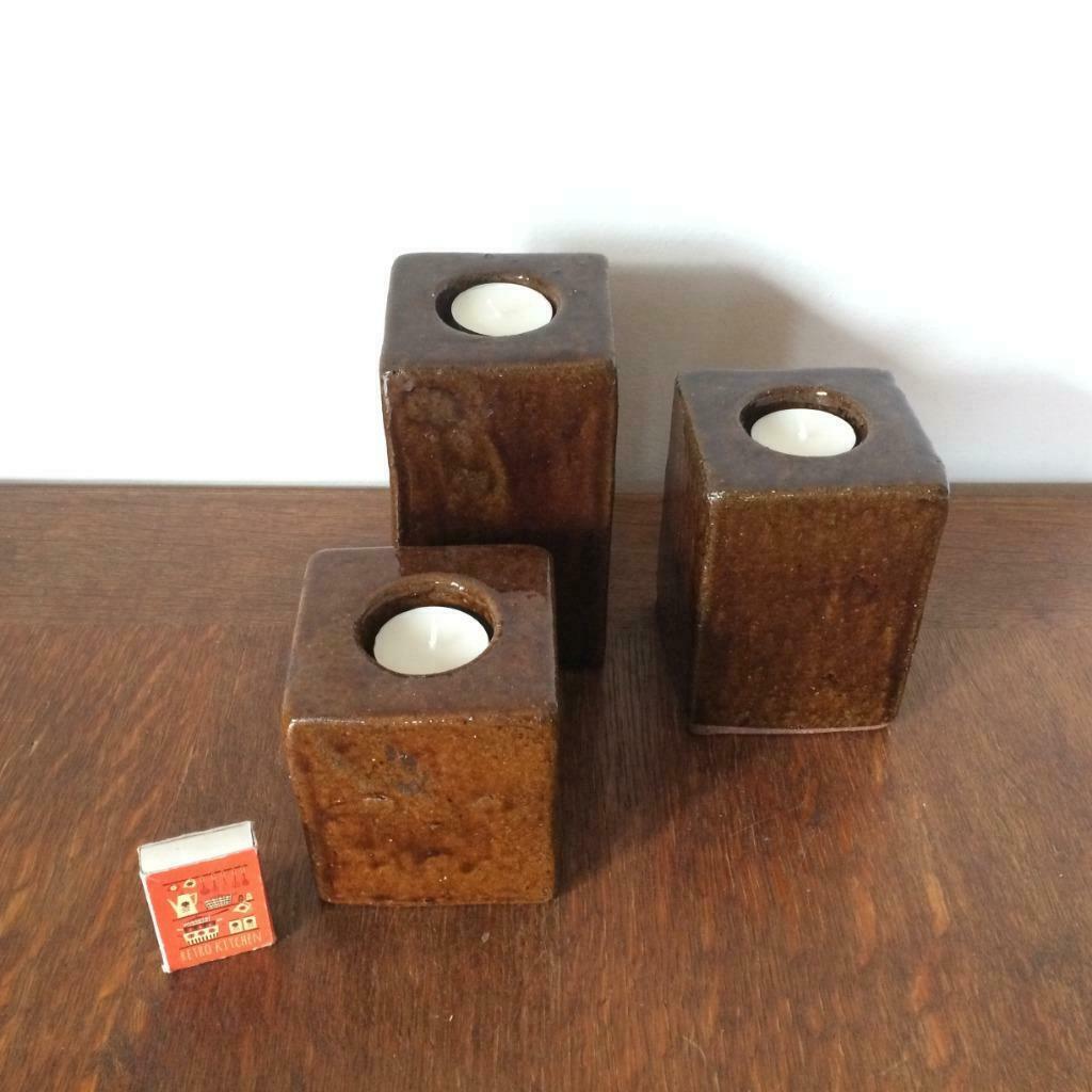 3 bougeoirs à thé rectangulaires émaillés marron pierre '70, Moins de 25 cm, Enlèvement ou Envoi, Brun, Utilisé