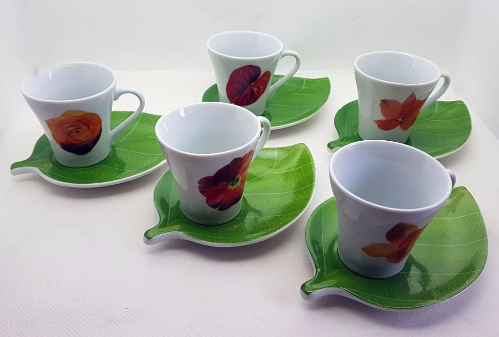 Lot 5 tasses expresso ou thé avec sous-tasses feuille, Enlèvement ou Envoi, Comme neuf, Autres styles, Porcelaine