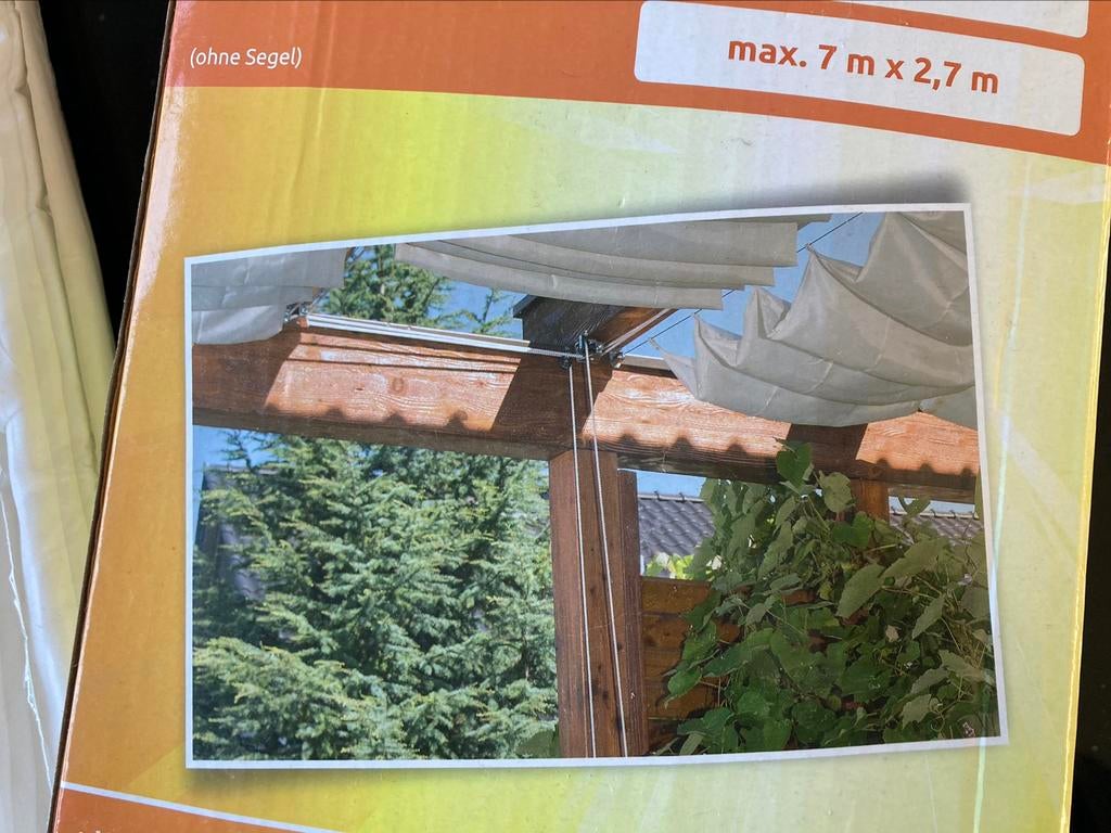 Voiles d’ombrage (2x) 330x200 + mécanisme neuf, Jardin & Terrasse, Neuf