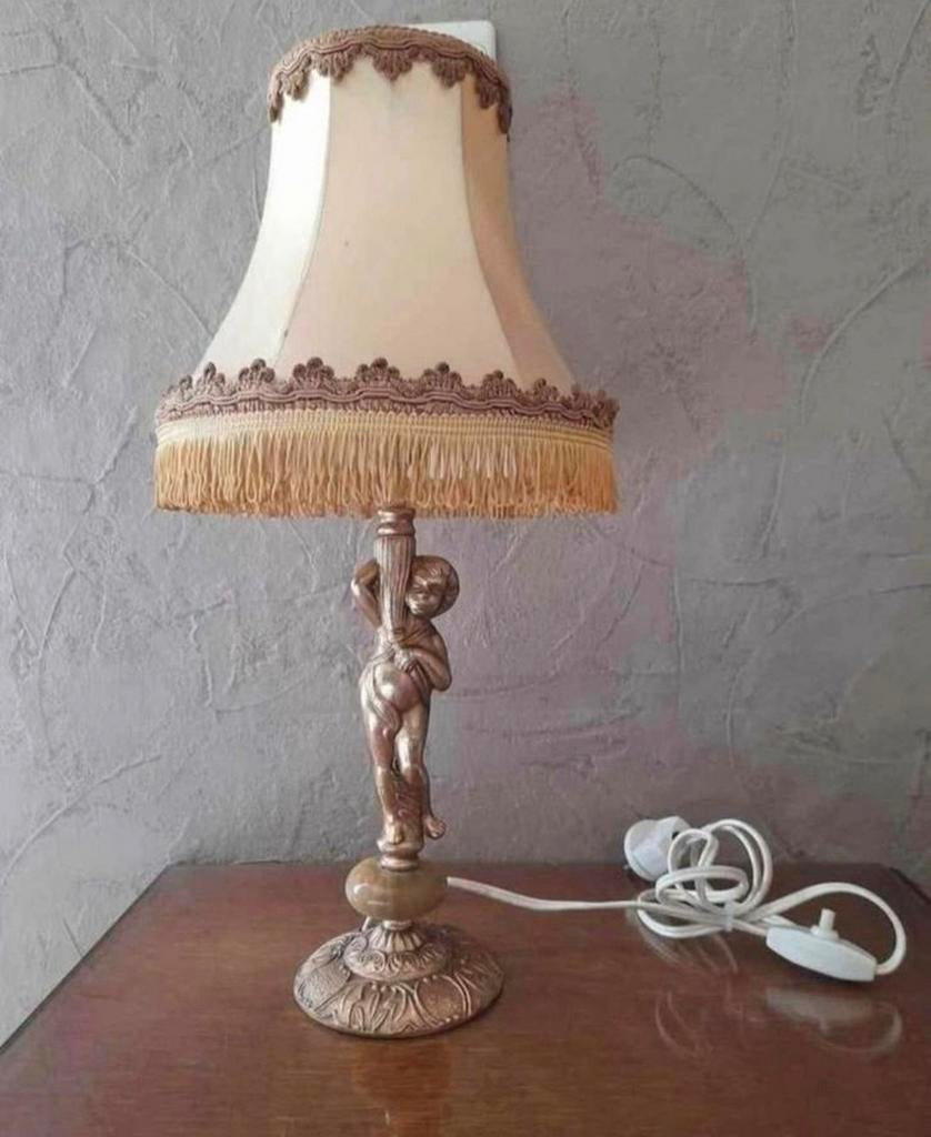 Antieke bronzen tafellamp Putti Engel boy op onyx, Huis en Inrichting, Lampen | Tafellampen, Ophalen of Verzenden, Zo goed als nieuw