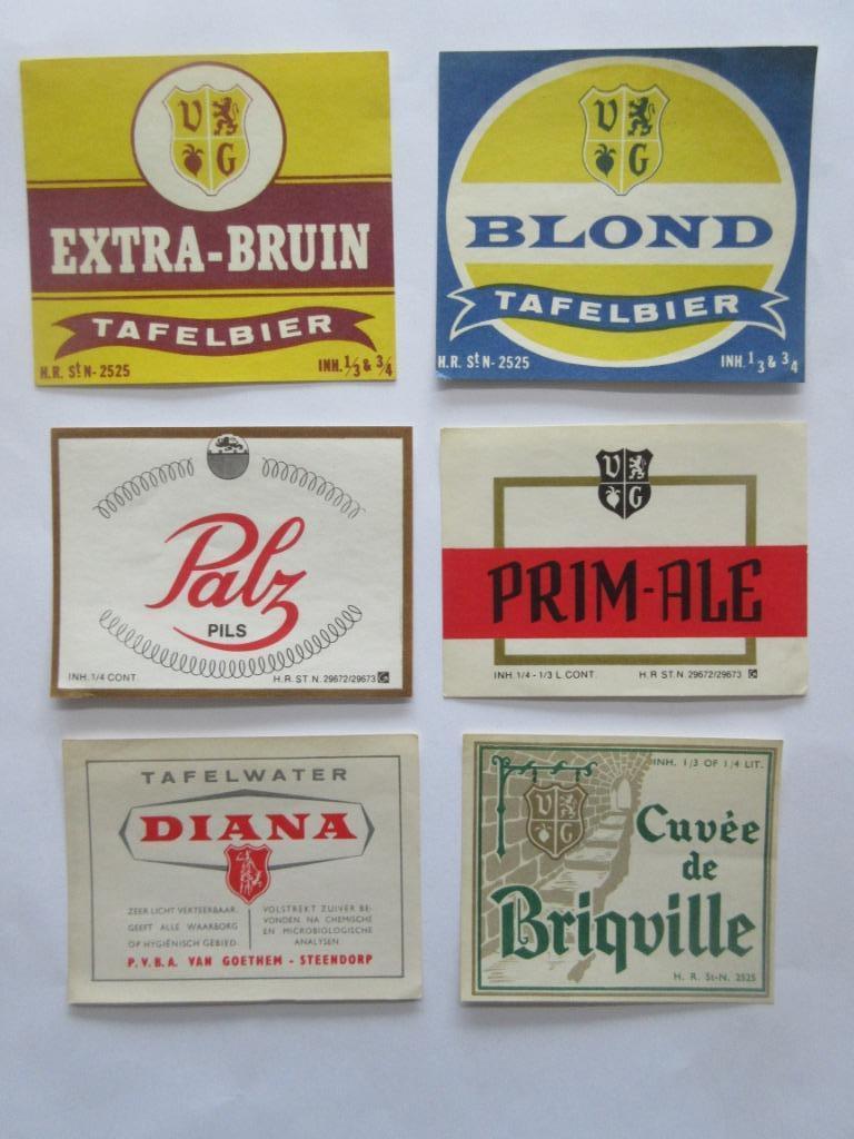 6 verschillend bieretiketten brouwerij Van Goethem Steendorp, Enlèvement ou Envoi, Comme neuf, Panneau, Plaque ou Plaquette publicitaire