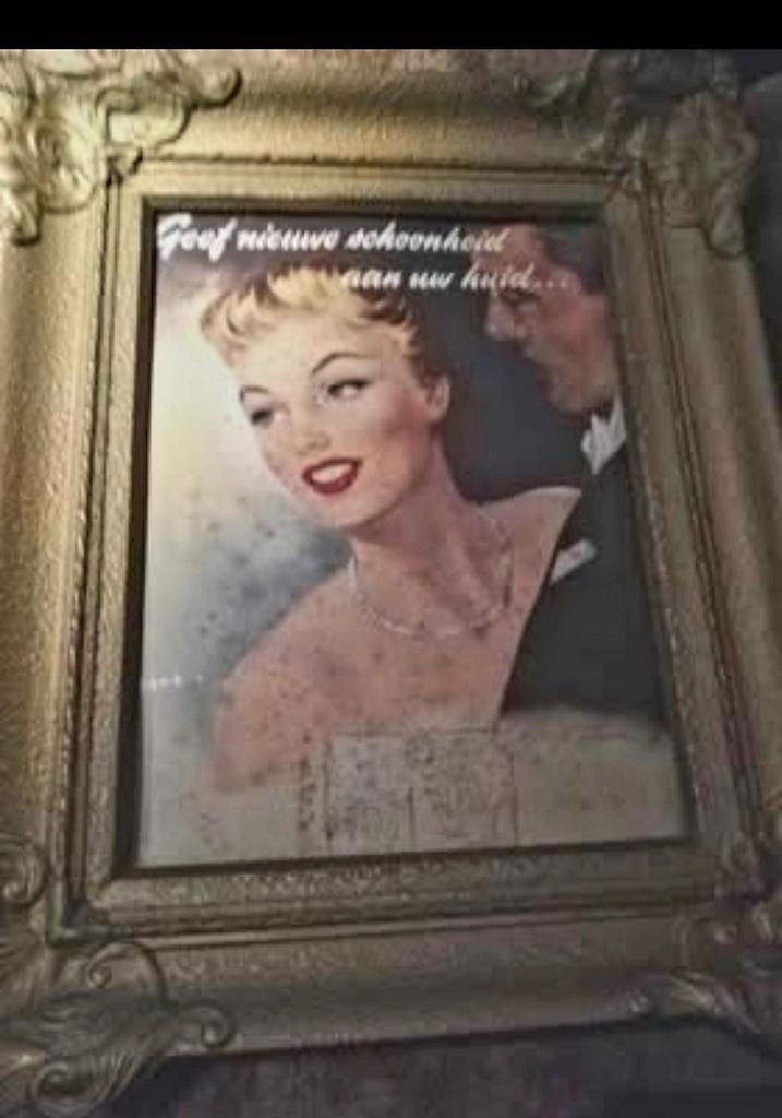 Vintage  reclame bord achter glas in antieke kader, Huis en Inrichting, Ophalen of Verzenden, Zo goed als nieuw