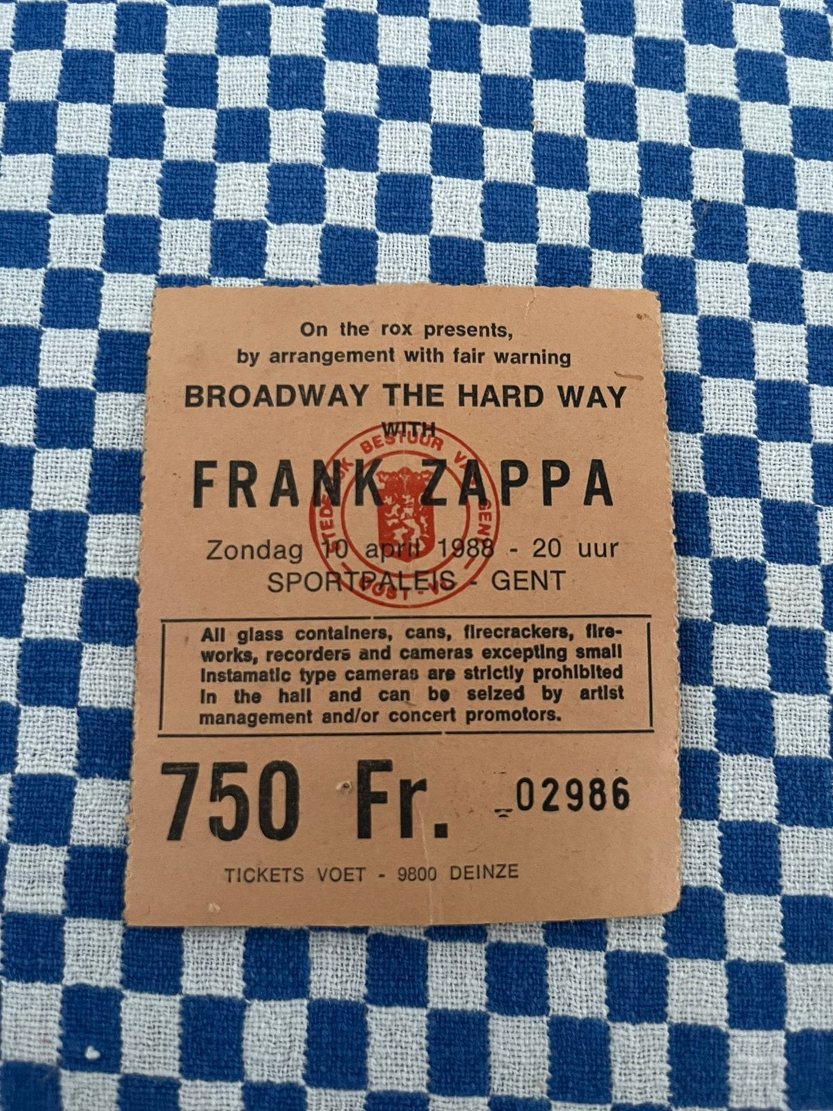 origineel concertticket Frank Zappa sportpaleis Gent 1988, Collections, Musique, Artistes & Célébrités, Enlèvement ou Envoi