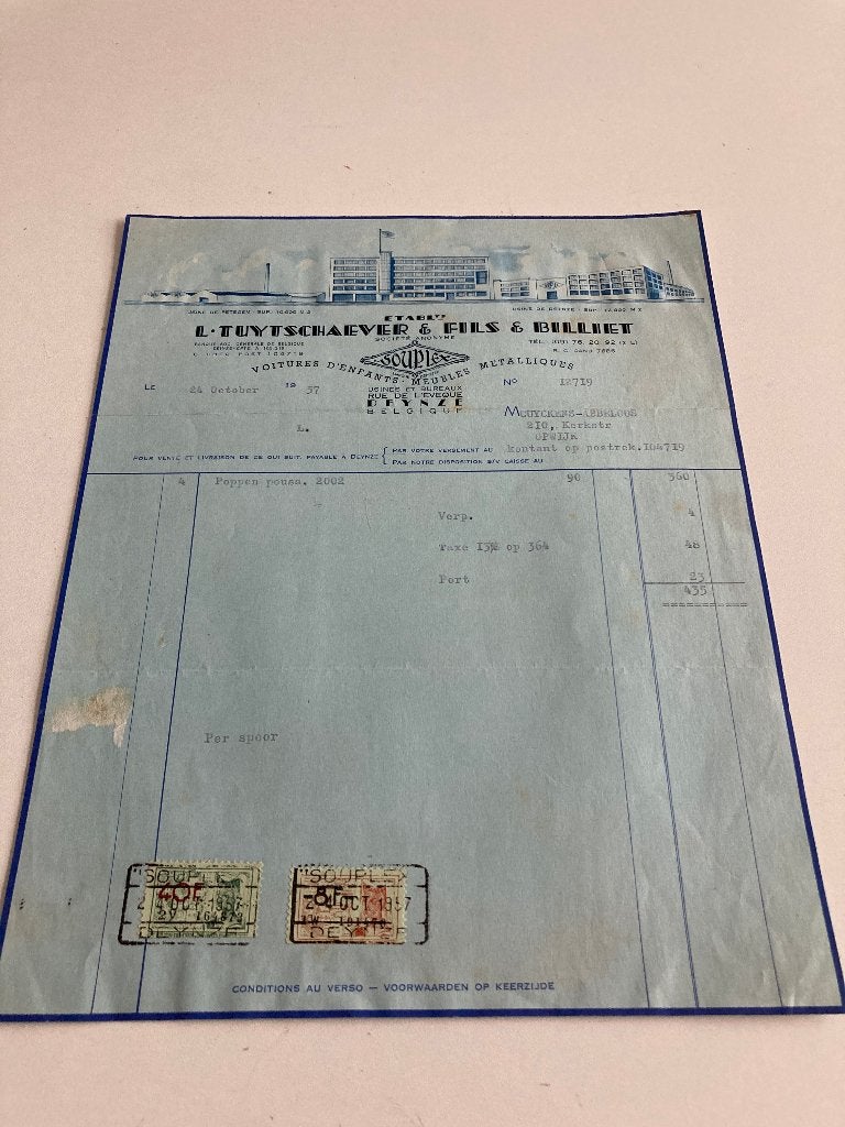 Ancienne facture Tuytschaever &  (Souplex) DEINZE 1957 jouet, Enlèvement ou Envoi, Utilisé, Autres types