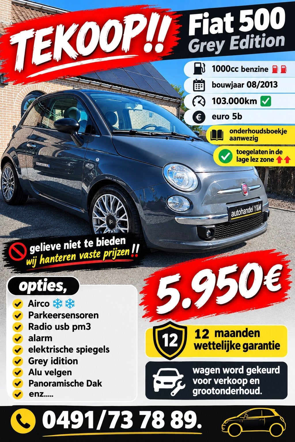 Fiat 500 1.0 Grey Edition ️benzine⛽️ Gekeurd Voor Verkoop, Autos, Achat, Entreprise, Boîte manuelle, Entretenue par le concessionnaire
