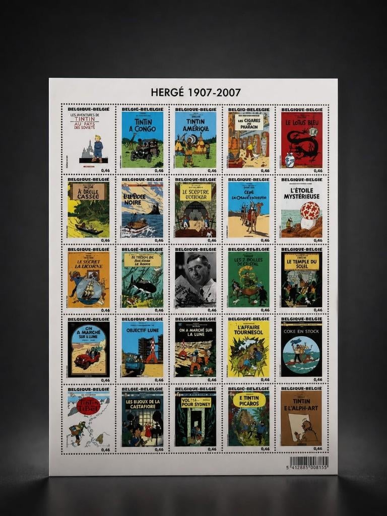 Verzamelblad met 25 postzegels van Kuifje - Hergé, Postzegels en Munten, Niet gestempeld, Frankeerzegel, Ophalen of Verzenden