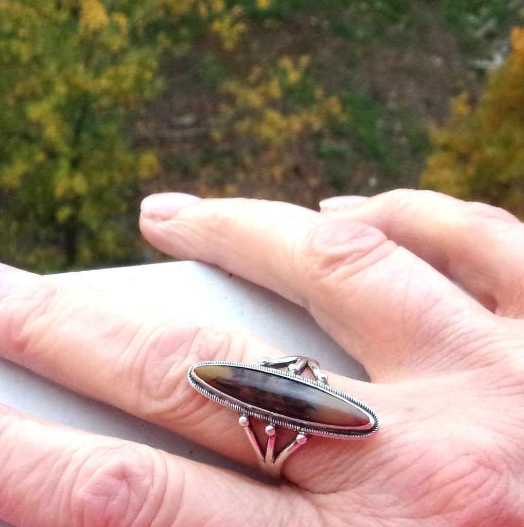 Navajo lange Indiaanse ring voor dames in zilver en agaat, Bruin, Ophalen of Verzenden, Zo goed als nieuw, Met edelsteen
