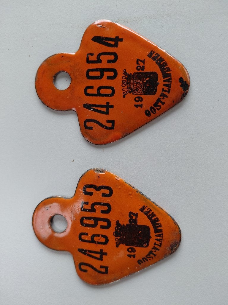 2 antieke fietsplaten 1927 op elkaar volgende nummers, Verzamelen, Retro, Ophalen