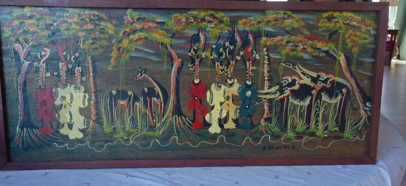 Groot panoramisch Afrikaans schilderij - Poto-Poto School do, Antiquités & Art, Enlèvement ou Envoi