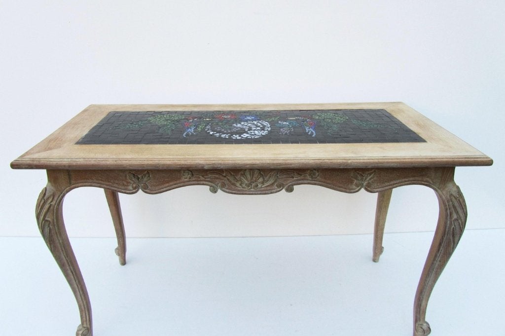 Houten salontafel met ingelegd mozaïek met vogels, Maison & Meubles, Tables | Tables de salon, Utilisé, Chêne, Enlèvement