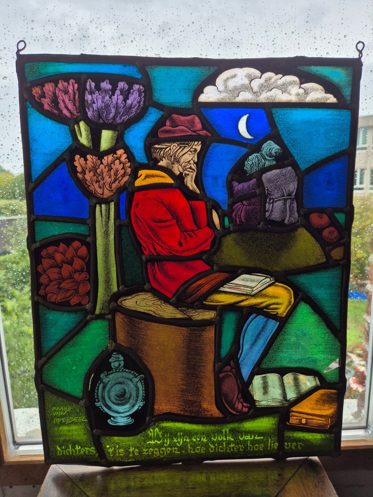 2 mooie glasramen spreuken Frans Van Immerseel Vlaamse kunst, Ophalen of Verzenden