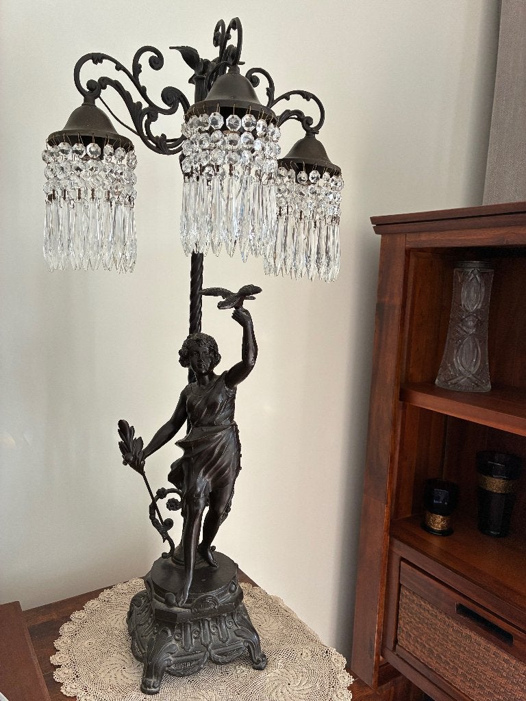 ANTIEK tafel lamp brons kristal glas, Ophalen
