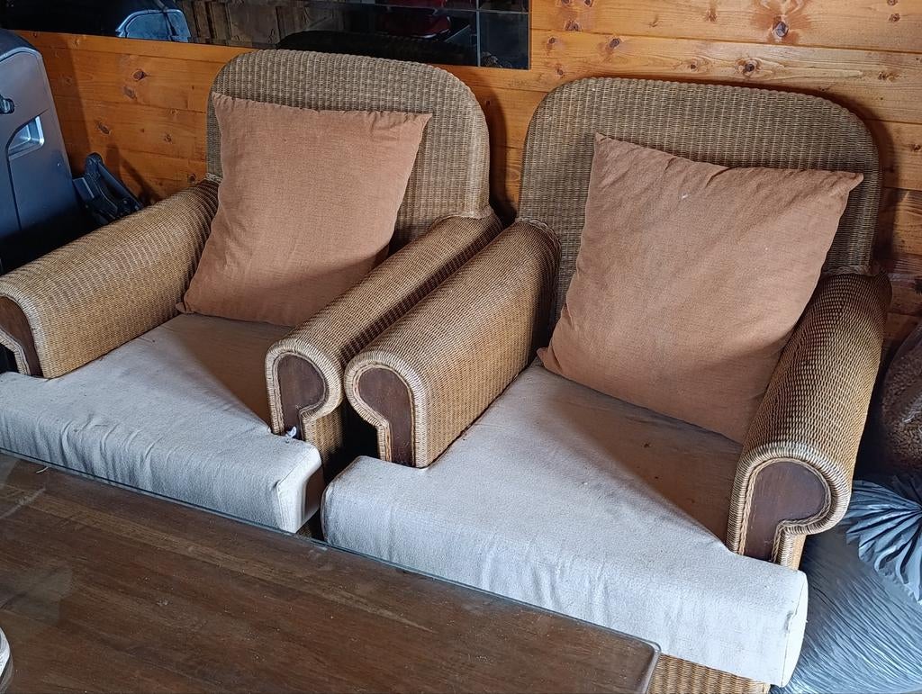 2 rieten tuinzetels / stoelen met poef., Enlèvement