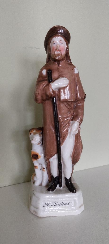 Antiek religieus porselein beeld St. Rochus met hond  Vieux, Verzamelen, Ophalen of Verzenden, Zo goed als nieuw, Beeld(je)