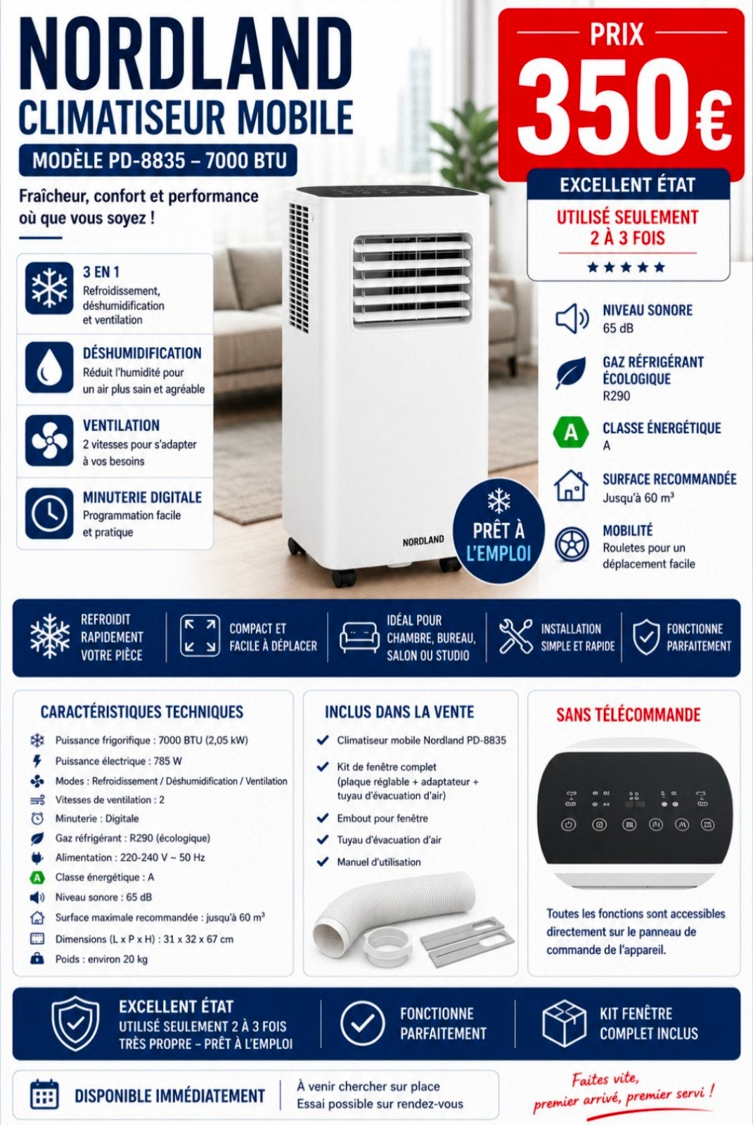VENDU️️️ CLIMATISEUR MOBILE, 60 à 100 m³, Refroidissement et Déshumidification, Classe énergétique A ou plus économe, Enlèvement