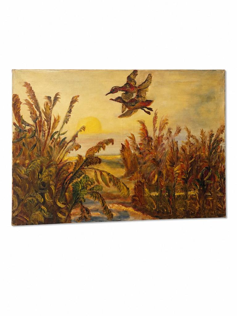 Vintage Olieverf Schilderij Op Doek Met Eenden, Antiek en Kunst, Ophalen