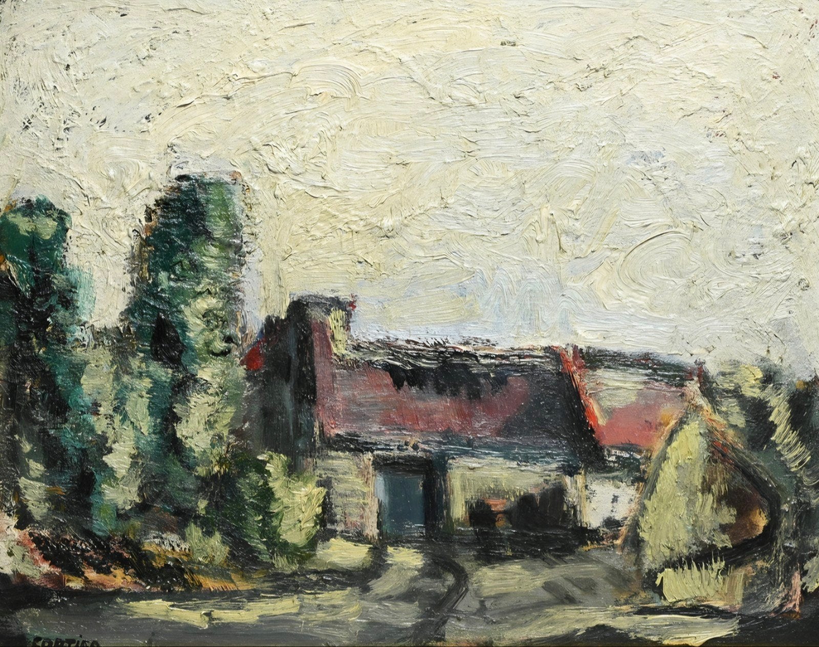 CORTIER Amedee "Hoeve met hoge bomen" olie op papier, Antiek en Kunst, Ophalen of Verzenden