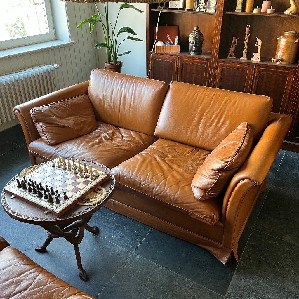 Lederen zetels 2 stuks identiek cognac kleur, Huis en Inrichting, Ophalen, Gebruikt, Vintage, Leer