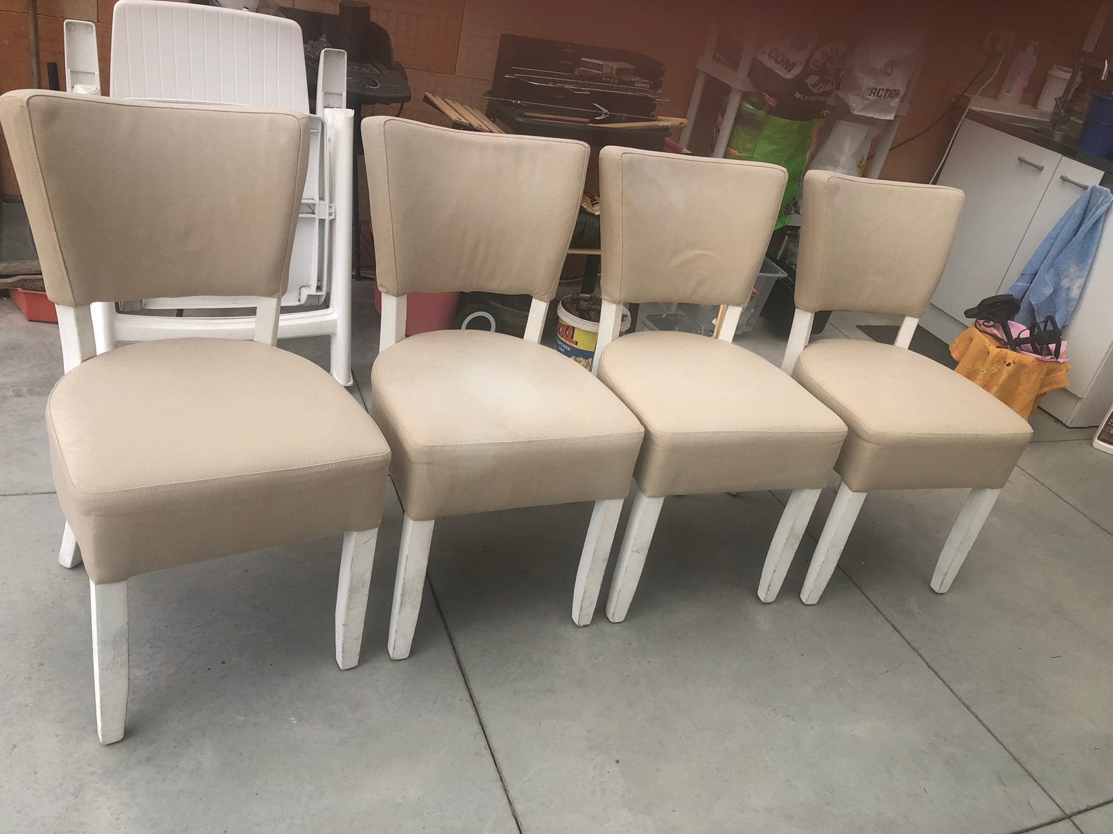 Beige stoffen stoelen, Huis en Inrichting, Ophalen, Hout, Gebruikt, Overige kleuren