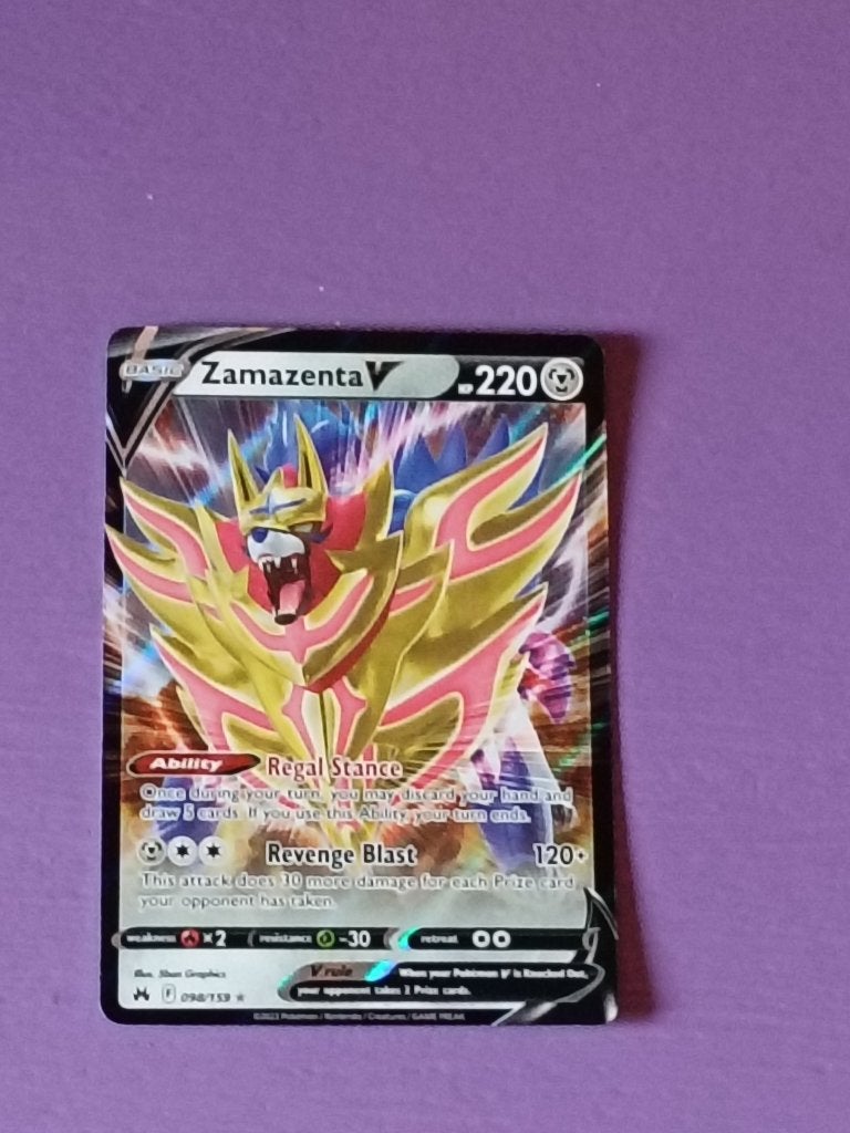 Blinkende Pokémon kaart: zamazenta v, Hobby en Vrije tijd, Ophalen of Verzenden, Zo goed als nieuw, Losse kaart, Foil