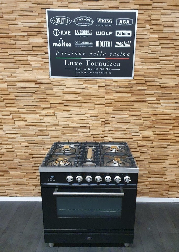 Luxe Boretti Gasfornuis 80cm hoogglans zwart rvs 1 oven, Elektronische apparatuur, 60 cm of meer, Ophalen of Verzenden, Zo goed als nieuw