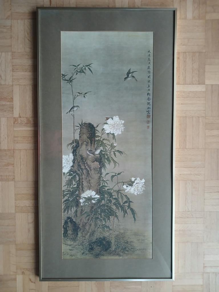 Œuvre asiatique mêlant oiseaux et fleurs - 101 x 50,5 cm, Antiquités & Art, Enlèvement