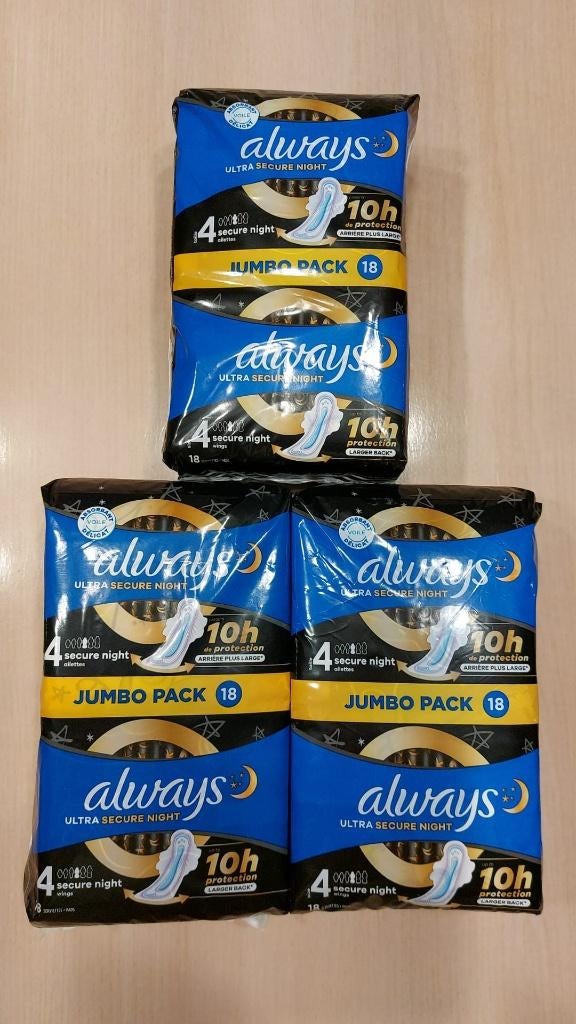 3x 18 st. Always ultra secure night maandverband jumbo pack, Bijoux, Sacs & Beauté, Beauté | Soins du corps, Neuf, Autres types