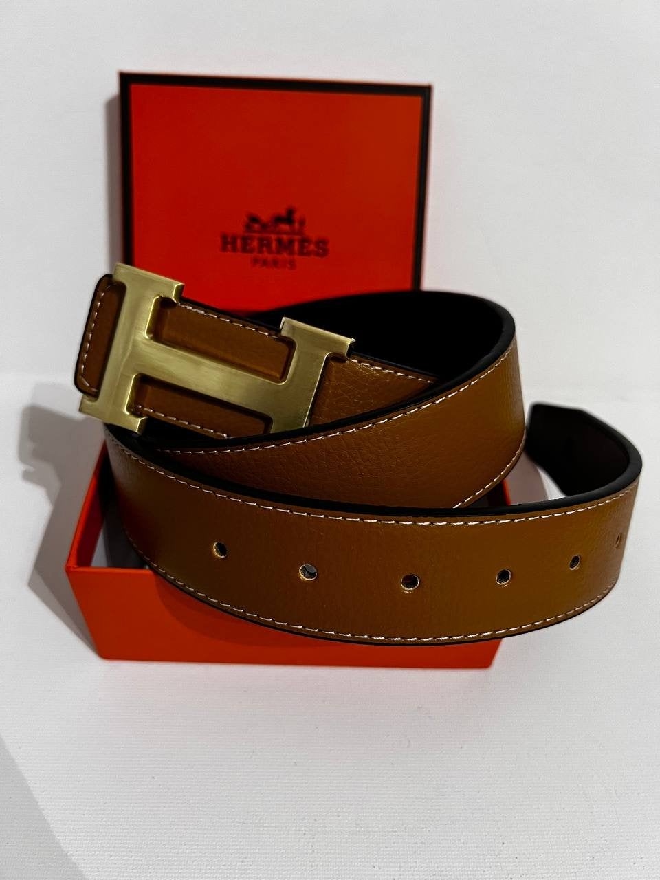 Hermès H-riem – Bruin met goudkleurige gesp en doos, Ophalen of Verzenden