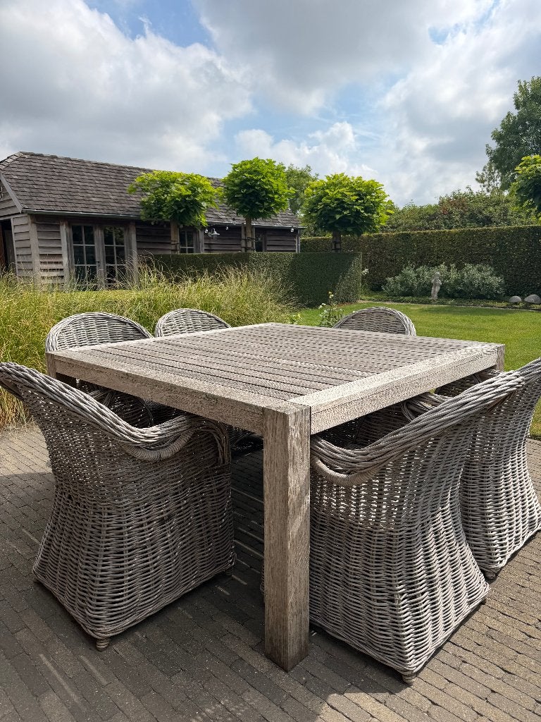 Tuinmeubelen 6 stoelen rotan en tafel in teak., Ophalen, Gebruikt, Rotan, 6 zitplaatsen