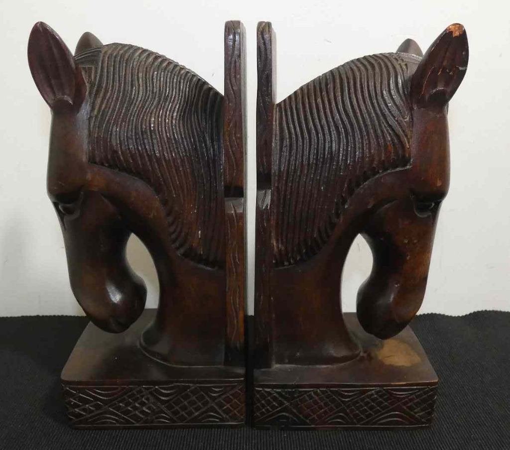 Houten boekensteunen met paarden hoofd [1105], Ophalen of Verzenden
