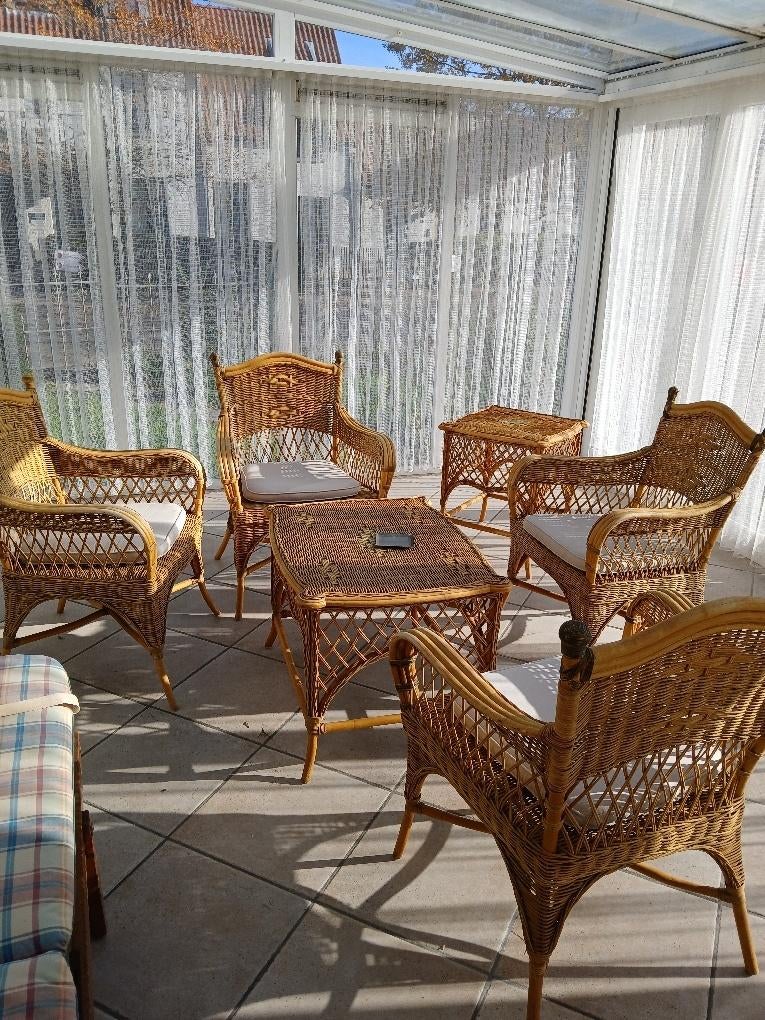 Vintage rieten tuin of veranda-set 1950, Ophalen, 4 zitplaatsen, Bijzettafel, Rotan