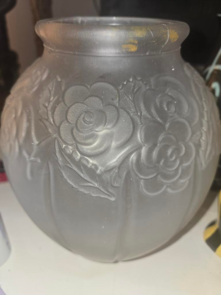 ART DECO 1930 gepolijste glazen vaas, met gouden bloemen, Antiek en Kunst, Ophalen of Verzenden