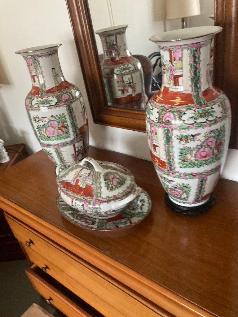 Vases chinois 5 pièces + assiette + bol avec couvercle, Enlèvement ou Envoi, Comme neuf, Avec couvercle