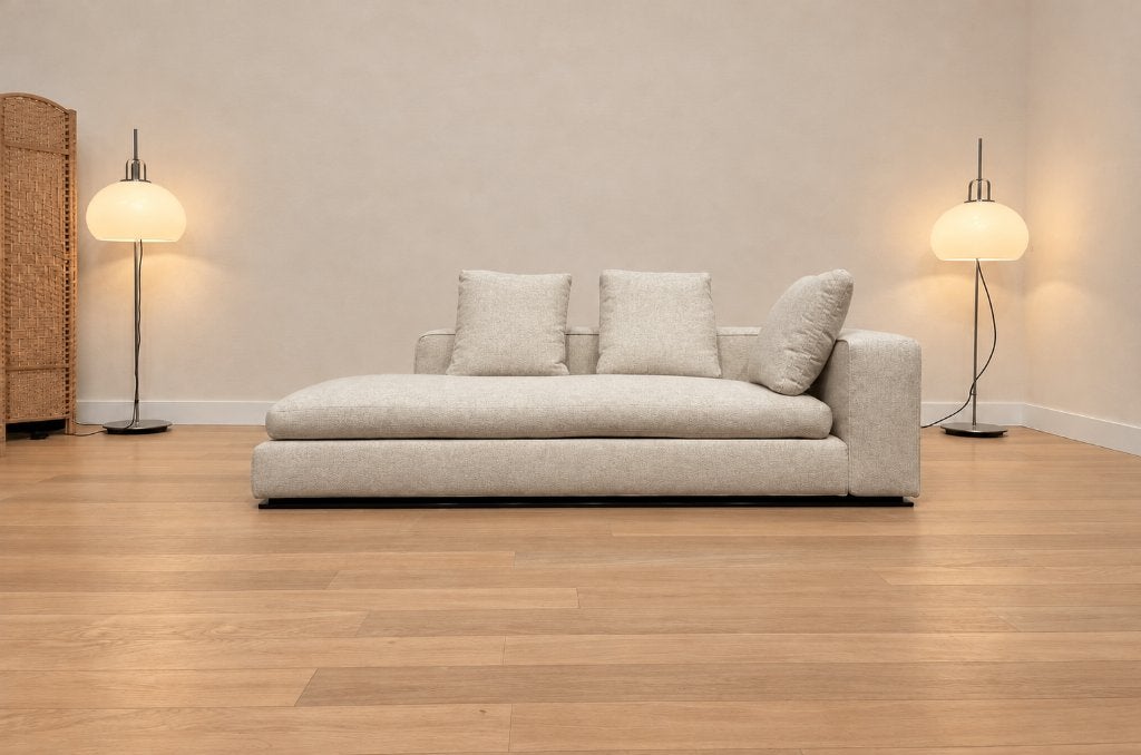 NIEUW Minotti Powell Chaise Longue Ecru + GARANTIE, Huis en Inrichting, 125 tot 150 cm, Ophalen of Verzenden, Rechte bank, Design Bank Bankstel Zetel 3-Zits Minotti