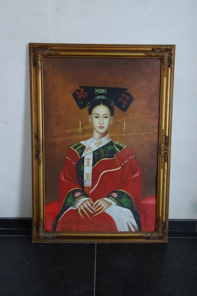 Groot Chinees schilderij op paneel in gouden kader, Ophalen, Bijzondere lijst, Portret of Personen, Paneel