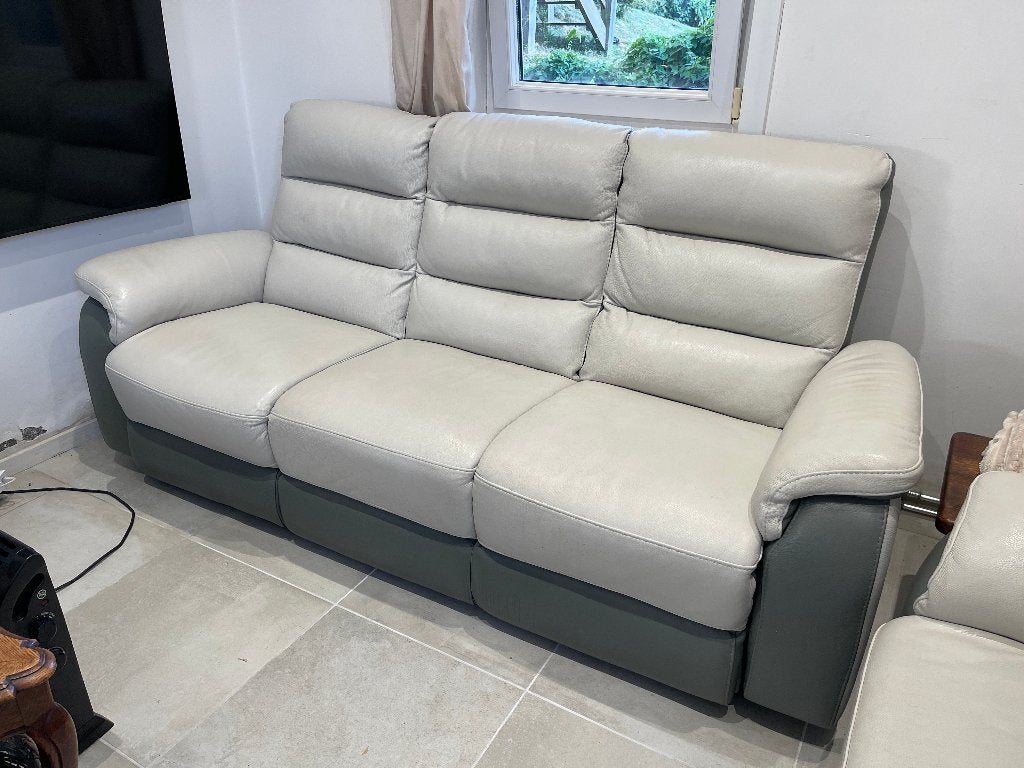 Salon en cuir 5 places de l'univers du cuir gris et crème, Enlèvement, Utilisé, Cuir, Moderne