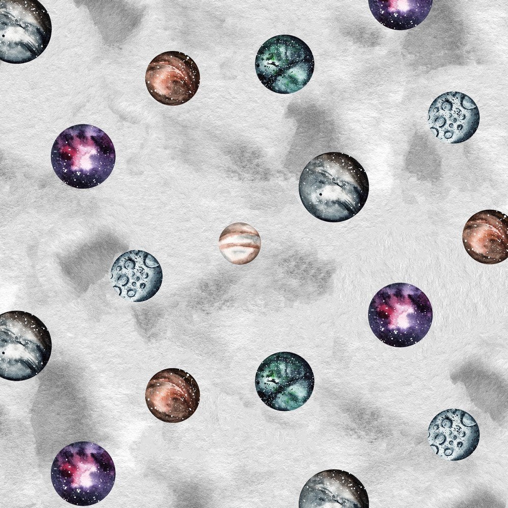 Outlet : Poplin katoen digital met planeten, grijs., Verzenden, 120 cm of meer, Katoen, Grijs