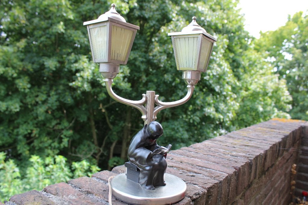 Lamp Metawa, lezende monnik in brons., Antiek en Kunst, Ophalen of Verzenden