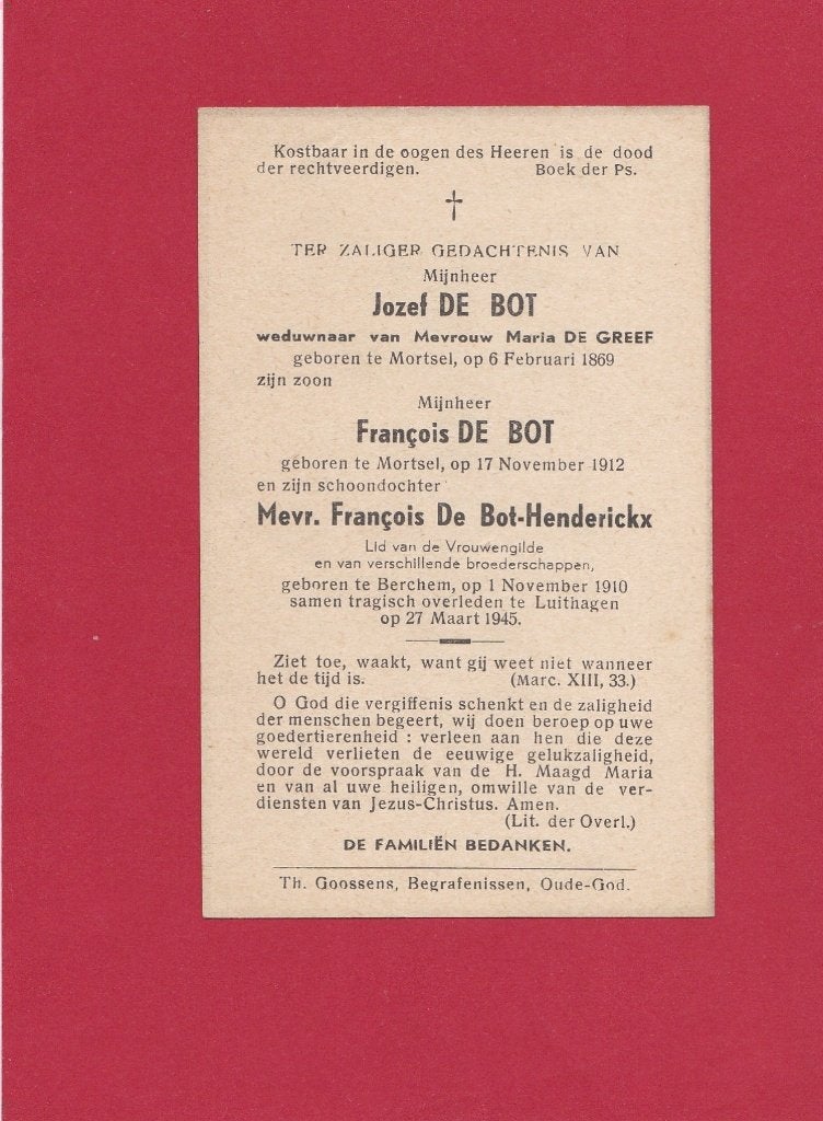 DP Oorlog J.De Bot , F.De Bot en F.De Bot-Henderickx, Collections, Images pieuses & Faire-part, Envoi, Image pieuse