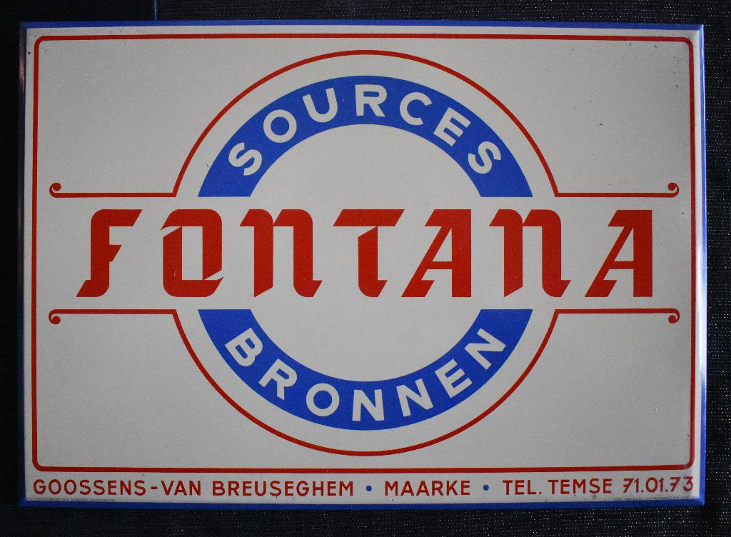 panneau d'affichage en métal FONTANA-BRONNEN (Maarke) - 1955, Collections, Enlèvement ou Envoi, Comme neuf, Panneau publicitaire