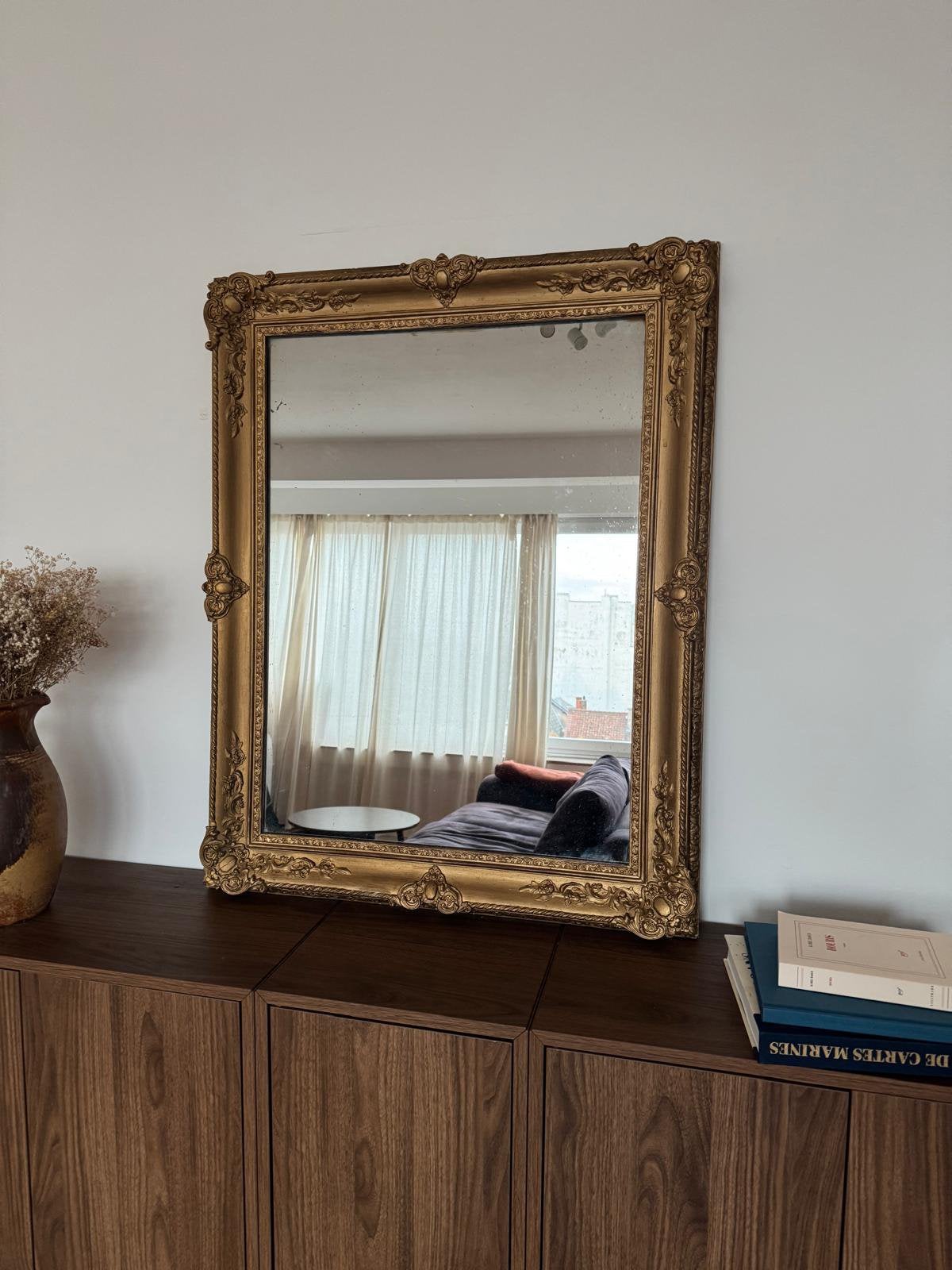 Grand miroir doré vintage – Style Louis XV – 220 €, Antiquités & Art, Enlèvement, Rectangulaire, 50 à 100 cm, Moins de 100 cm