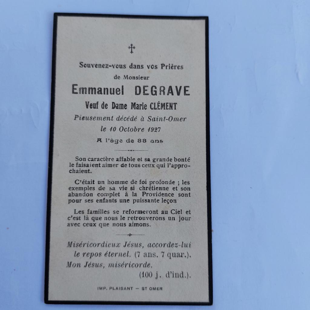 Oud doodsprentje Emmanuel Degraeve + 1927, Verzamelen, Bidprentjes en Rouwkaarten, Ophalen of Verzenden