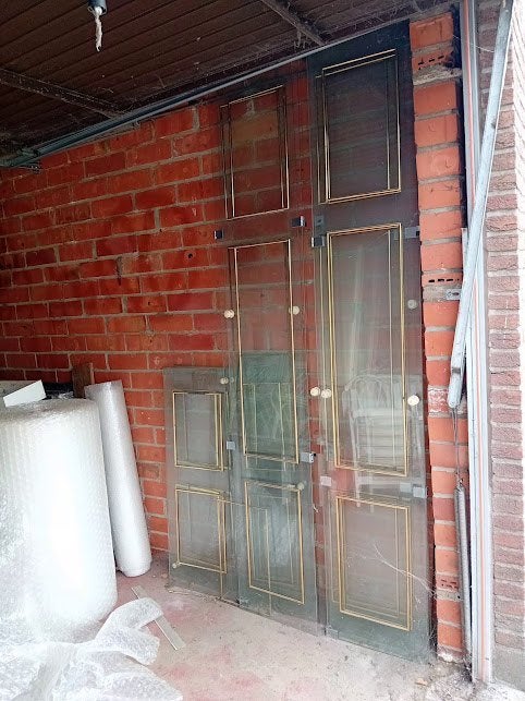 6 grote & 8 kleine glazen deuren van gehard glas met koperen, Ophalen, Gebruikt, Minder dan 80 cm, 80 tot 120 cm