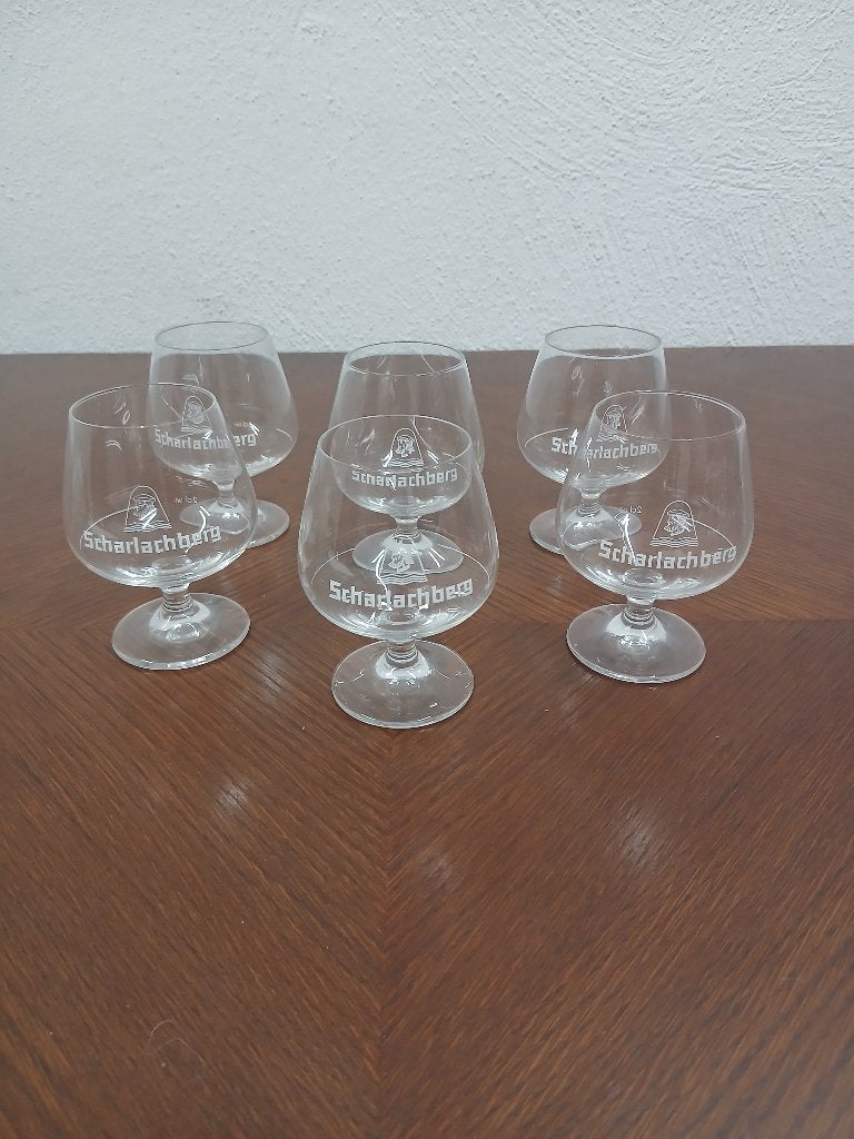 Set van 6 vintage Scharlachberg Meisterbrand cognacglazen, Ophalen of Verzenden