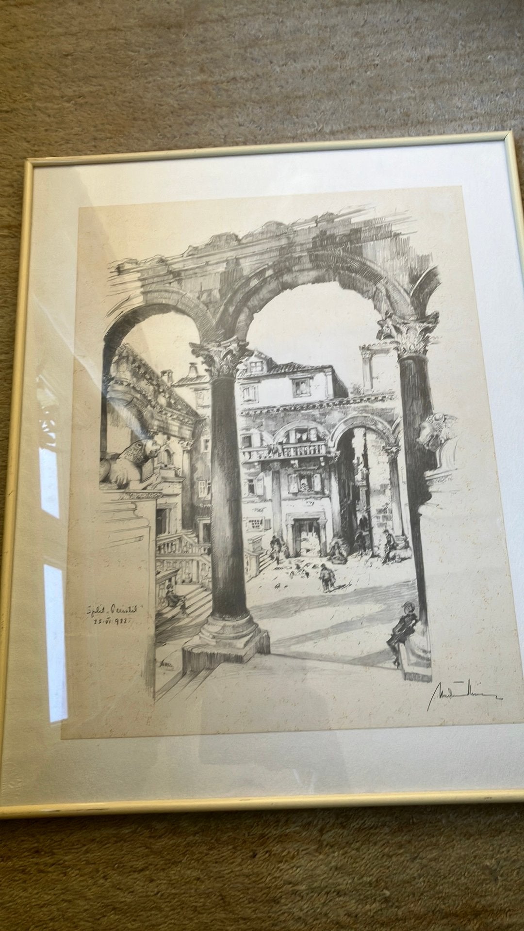 Vintage kunstprint Vladimir Kirin,Split (1922) incl lijst, Antiek en Kunst, Ophalen, Print, Potloodtekening, Origineel