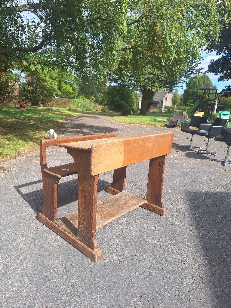 Ancien banc d'école double en bois vintage/Pupitre d'écolier, Maison & Meubles, Enlèvement, Utilisé