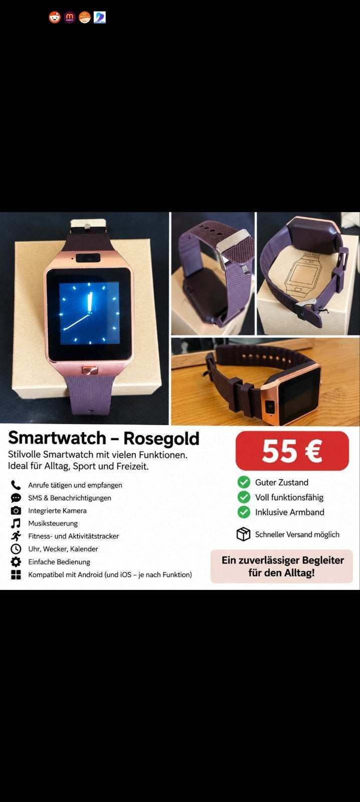 SmartWatch sim kart camera  gold/rose, Handtassen en Accessoires, Ophalen of Verzenden