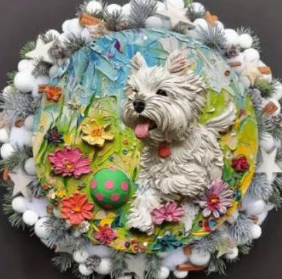 Vintage rond bord van metaal - Spelende Westie (20cm)