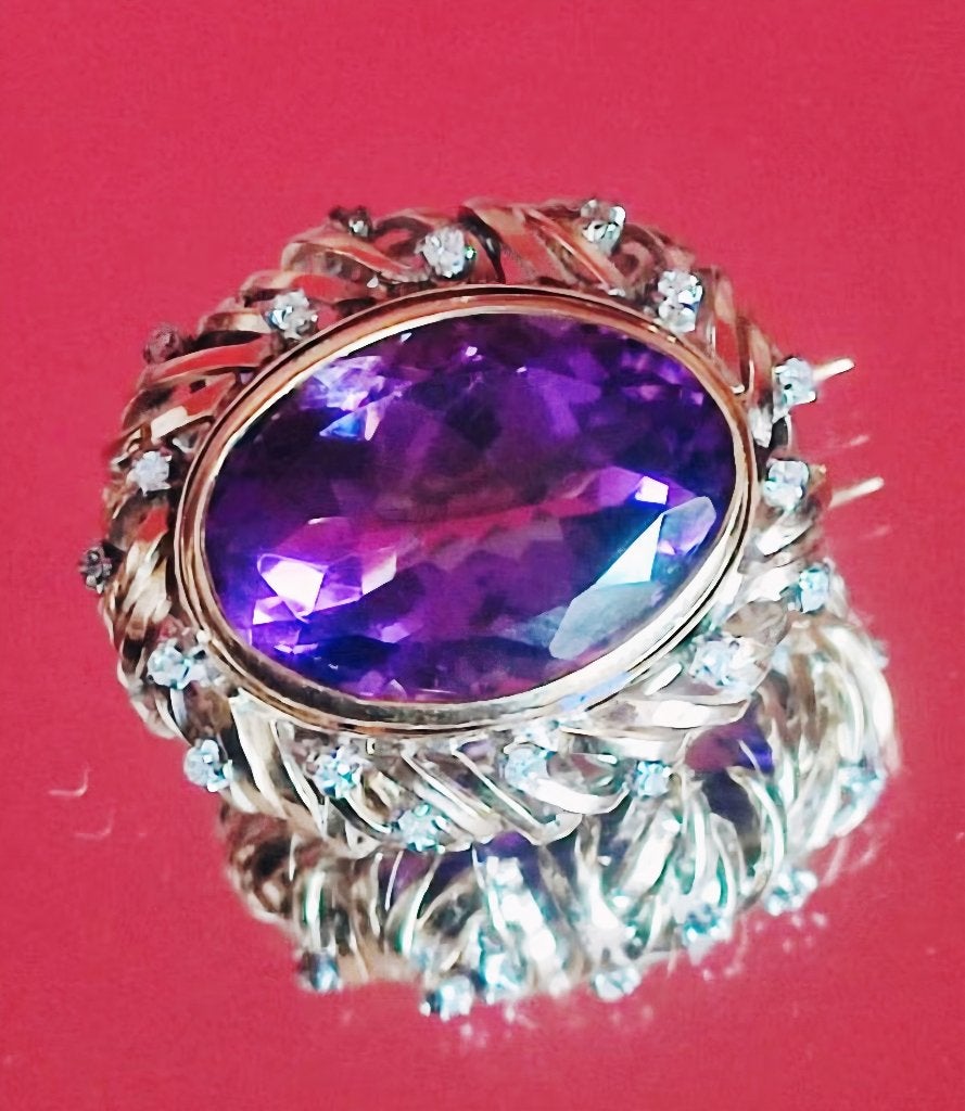 Antieke gouden broche met amethist 12kt en diamanten, Handtassen en Accessoires, Antieke sieraden, Ophalen of Verzenden, Goud
